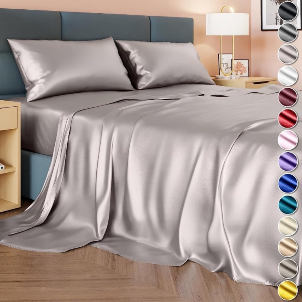 4 Pieces Silky Satin Bed Sheet Queen Set with 2 Pillowcase